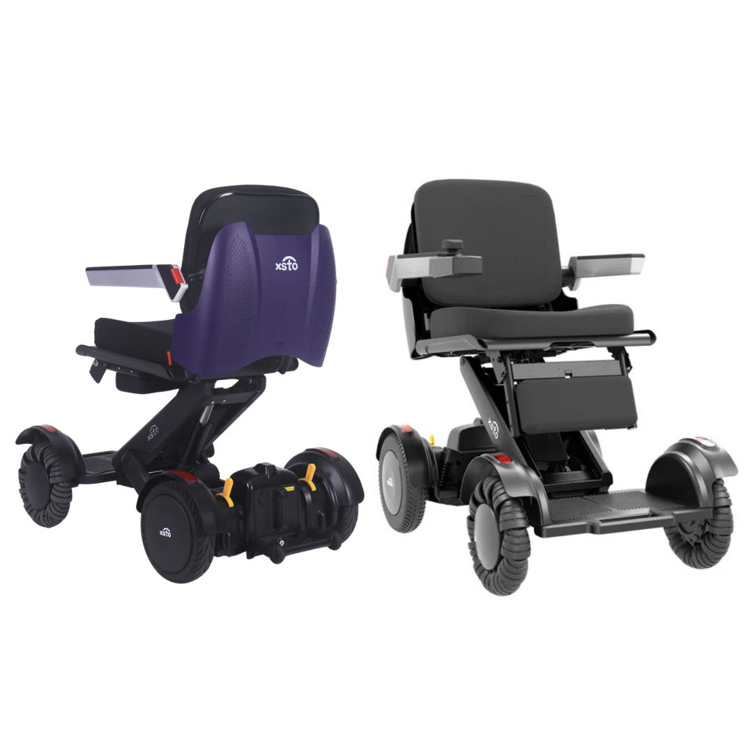 Two XSTO Mobility M4 Self-Balancing Powerchairs with APP Control are shown; one faces forward, the other backward. Each lightweight, foldable chair features black seats, armrests, and rugged wheels for enhanced mobility.